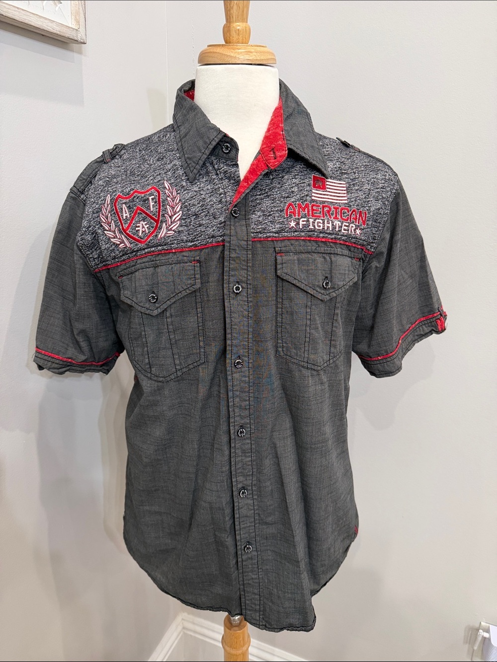 American Fighter Gray Short-Sleeve Button-Down Shirt with Red Trim